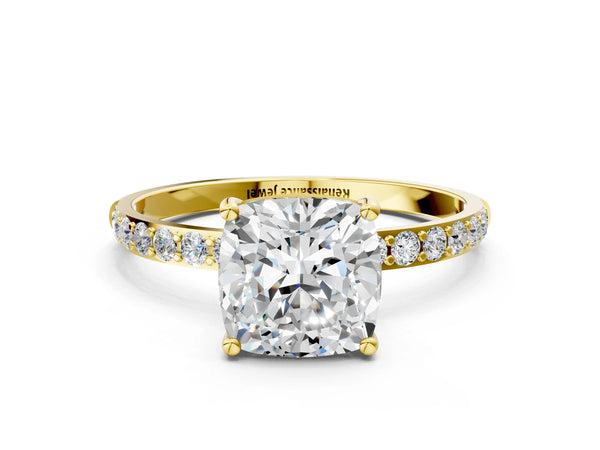 Yellow gold Cushion Cut Diamond Pavé Band Solitaire Ring with Four-Prong Setting_84