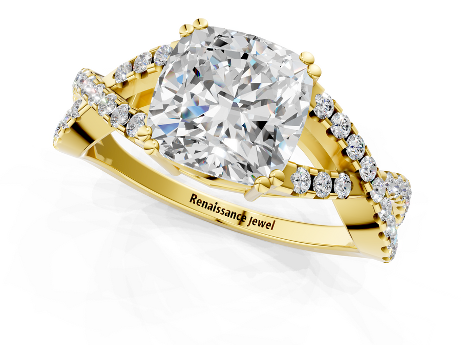 Yellow gold Cushion Solitaire Twist Band with Pavé Setting and Four-Prong Setting