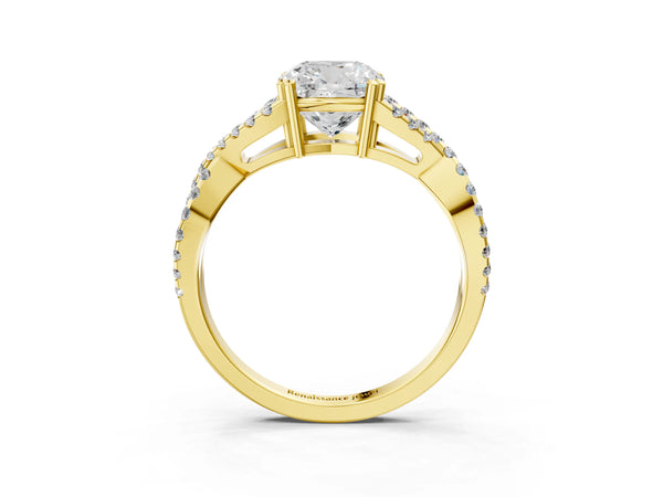 Yellow gold Cushion Solitaire Twist Band with Pavé Setting and Four-Prong Setting_15