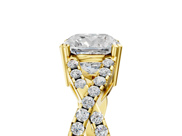 Yellow gold Cushion Solitaire Twist Band with Pavé Setting and Four-Prong Setting_17