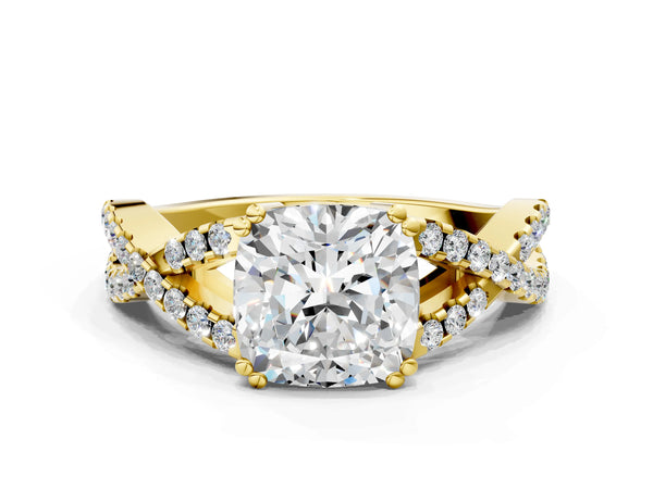 Yellow gold Cushion Solitaire Twist Band with Pavé Setting and Four-Prong Setting_18