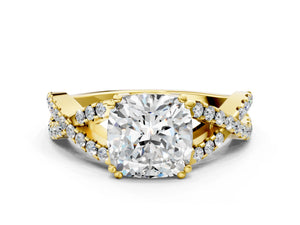 Yellow gold Cushion Solitaire Twist Band with Pavé Setting and Four-Prong Setting_24