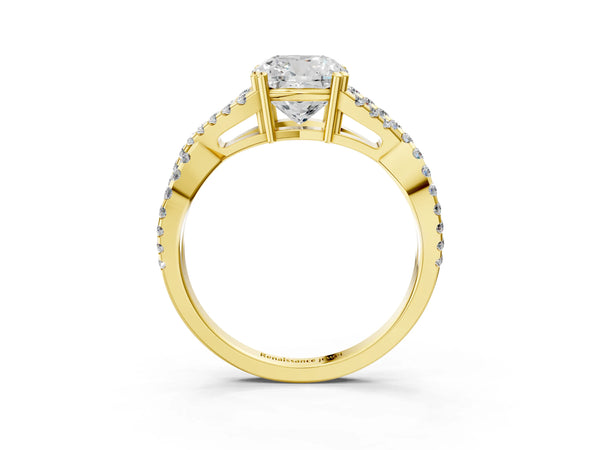 Yellow gold Cushion Solitaire Twist Band with Pavé Setting and Four-Prong Setting_33