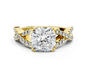 Yellow gold Cushion Solitaire Twist Band with Pavé Setting and Four-Prong Setting_36