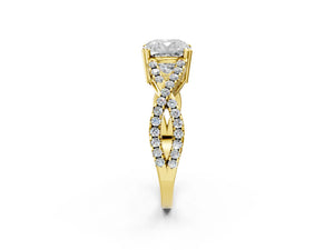 Yellow gold Cushion Solitaire Twist Band with Pavé Setting and Four-Prong Setting_44