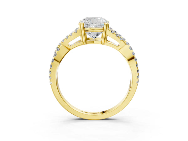 Yellow gold Cushion Solitaire Twist Band with Pavé Setting and Four-Prong Setting_51