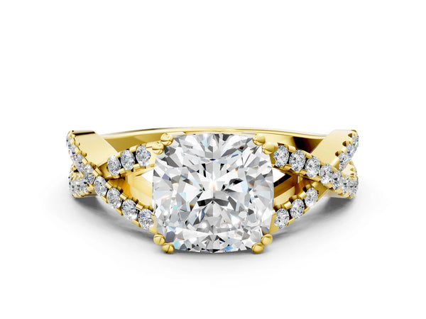Yellow gold Cushion Solitaire Twist Band with Pavé Setting and Four-Prong Setting_66