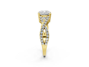 Yellow gold Cushion Solitaire Twist Band with Pavé Setting and Four-Prong Setting_68