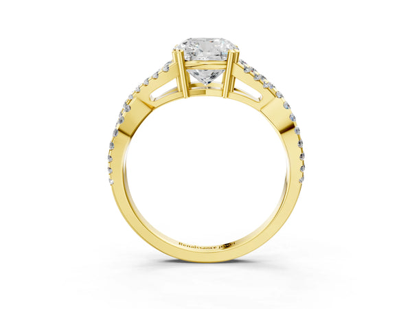 Yellow gold Cushion Solitaire Twist Band with Pavé Setting and Four-Prong Setting_69