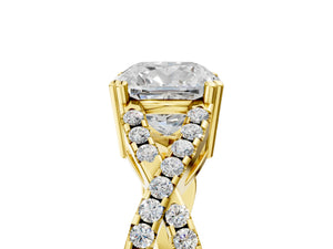 Yellow gold Cushion Solitaire Twist Band with Pavé Setting and Four-Prong Setting_77