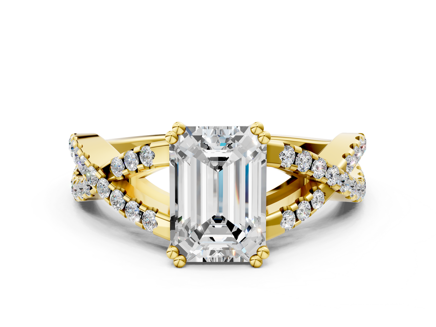 Yellow gold Emerald Solitaire Twist Band with Pavé Setting and Four-Prong Setting