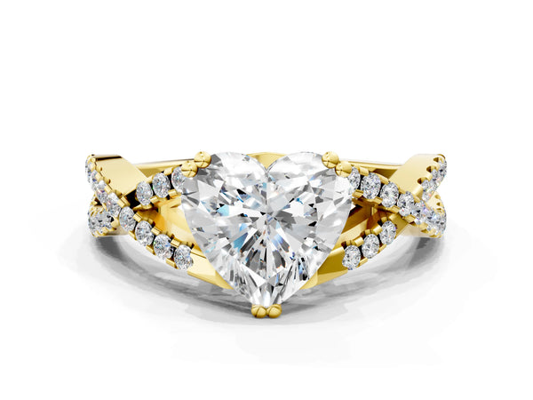 Yellow gold Heart Solitaire Twist Band with Pavé Setting and Four-Prong Setting_12