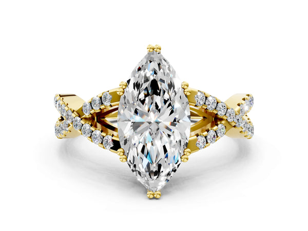 Yellow gold Marquise Solitaire Twist Band with Pavé Setting and Four-Prong Setting_36