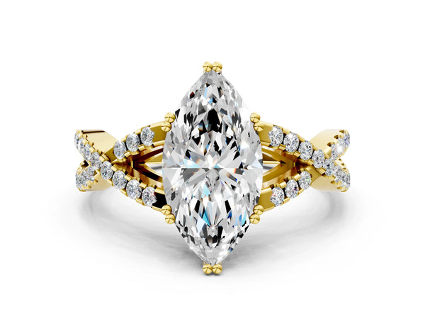 Yellow gold Marquise Solitaire Twist Band with Pavé Setting and Four-Prong Setting_42