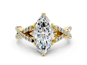 Yellow gold Marquise Solitaire Twist Band with Pavé Setting and Four-Prong Setting_48