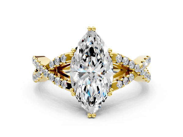 Yellow gold Marquise Solitaire Twist Band with Pavé Setting and Four-Prong Setting_54