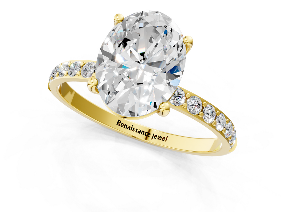 Yellow gold Oval Cut Diamond Pavé Band Solitaire Ring with Four-Prong Setting