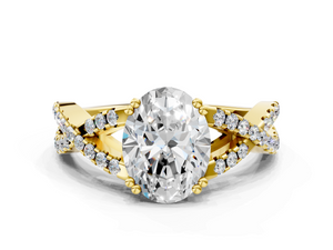 Yellow gold Oval Solitaire Twist Band with Pavé Setting and Four-Prong Setting