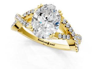 Yellow gold Oval Solitaire Twist Band with Pavé Setting and Four-Prong Setting_37