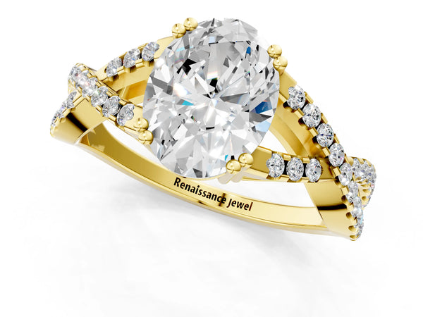 Yellow gold Oval Solitaire Twist Band with Pavé Setting and Four-Prong Setting_37