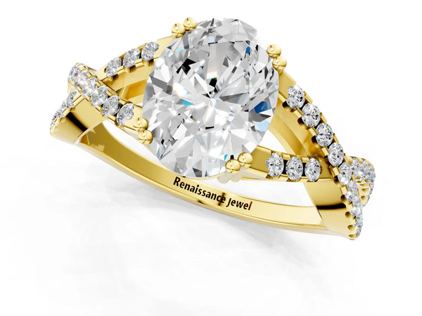 Yellow gold Oval Solitaire Twist Band with Pavé Setting and Four-Prong Setting_43