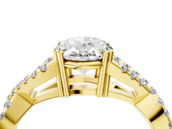Yellow gold Oval Solitaire Twist Band with Pavé Setting and Four-Prong Setting_52