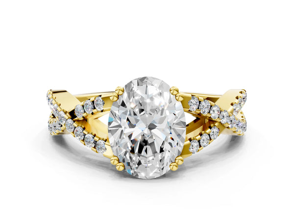 Yellow gold Oval Solitaire Twist Band with Pavé Setting and Four-Prong Setting_54