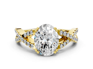 Yellow gold Oval Solitaire Twist Band with Pavé Setting and Four-Prong Setting_60