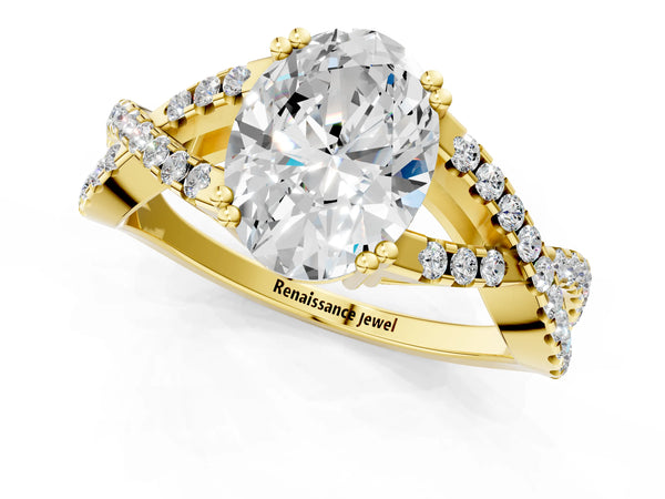 Yellow gold Oval Solitaire Twist Band with Pavé Setting and Four-Prong Setting_67