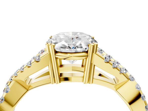 Yellow gold Oval Solitaire Twist Band with Pavé Setting and Four-Prong Setting_76