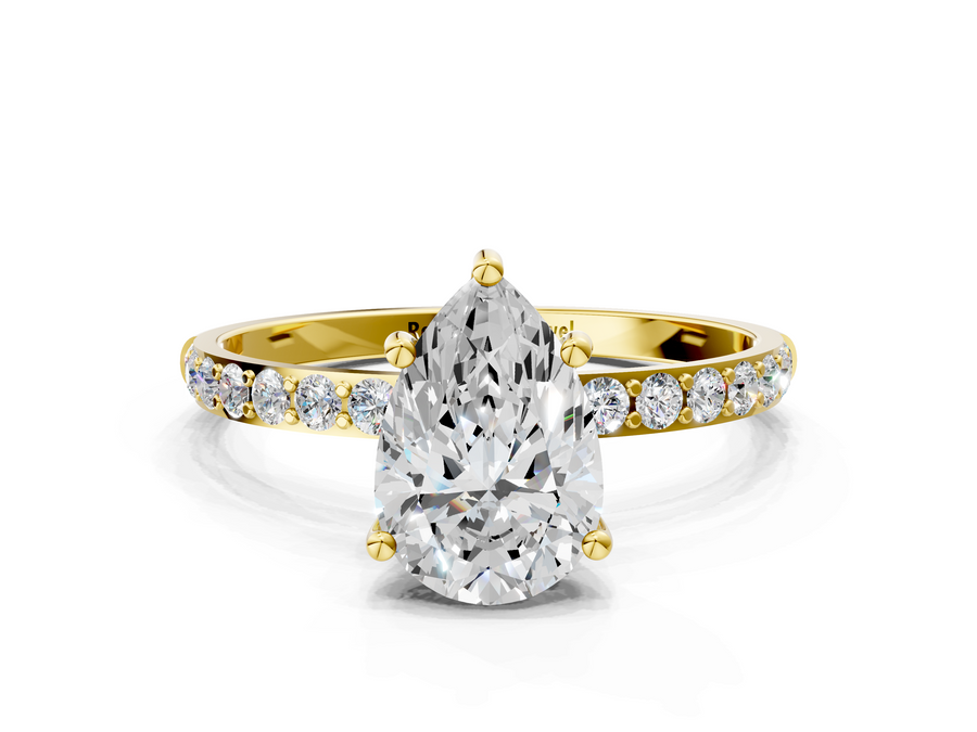 Yellow gold Pear Cut Diamond Pavé Band Solitaire Ring with Four-Prong Setting