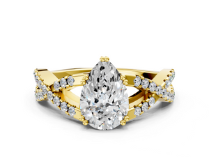 Yellow gold Pear Solitaire Twist Band with Pavé Setting and Four-Prong Setting