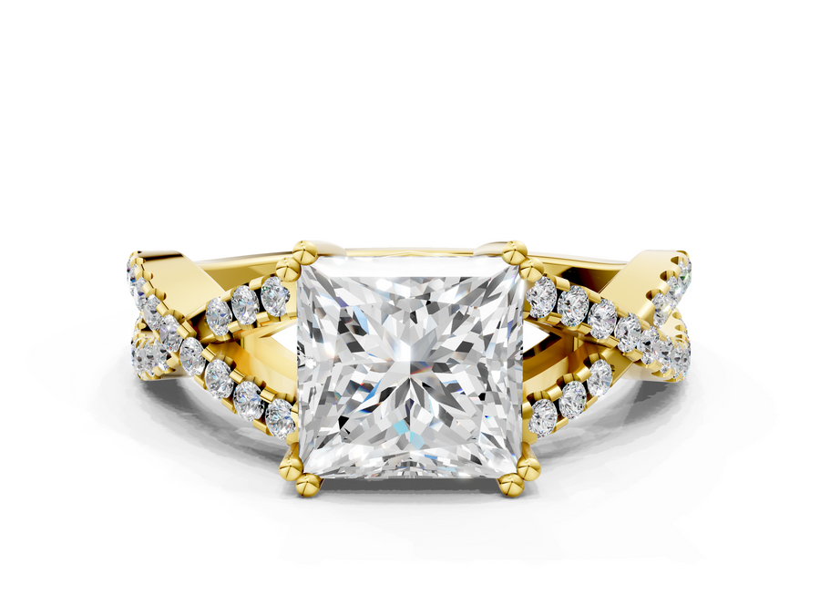 Yellow gold Princess Solitaire Twist Band with Pavé Setting and Four-Prong Setting