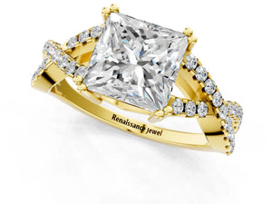 Yellow gold Princess Solitaire Twist Band with Pavé Setting and Four-Prong Setting_13
