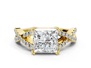Yellow gold Princess Solitaire Twist Band with Pavé Setting and Four-Prong Setting_30