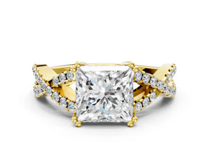 Yellow gold Princess Solitaire Twist Band with Pavé Setting and Four-Prong Setting_36