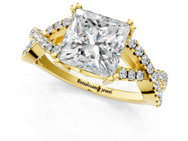 Yellow gold Princess Solitaire Twist Band with Pavé Setting and Four-Prong Setting_55
