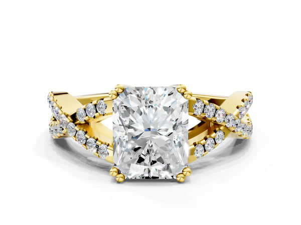 Yellow gold Radiant Solitaire Twist Band with Pavé Setting and Four-Prong Setting_60