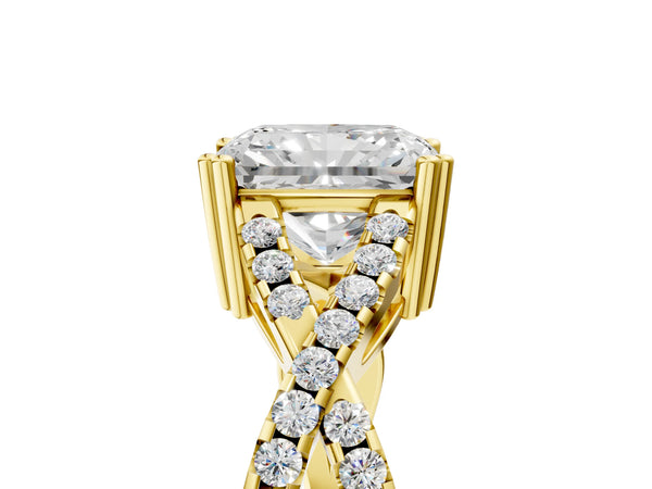 Yellow gold Radiant Solitaire Twist Band with Pavé Setting and Four-Prong Setting_71