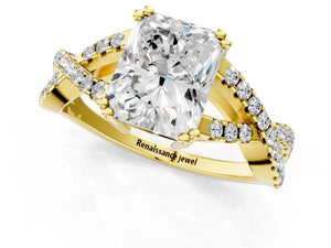 Yellow gold Radiant Solitaire Twist Band with Pavé Setting and Four-Prong Setting_79