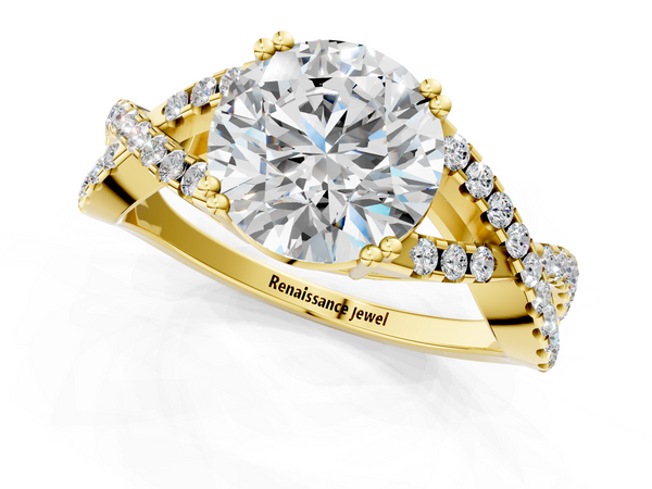 Yellow gold Round Solitaire Twist Band with Pavé Setting and Four-Prong Setting_1