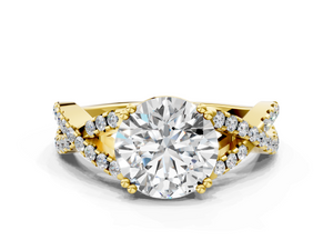 Yellow gold Round Solitaire Twist Band with Pavé Setting and Four-Prong Setting