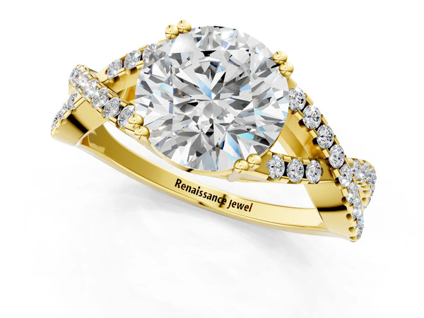 Yellow gold Round Solitaire Twist Band with Pavé Setting and Four-Prong Setting_43