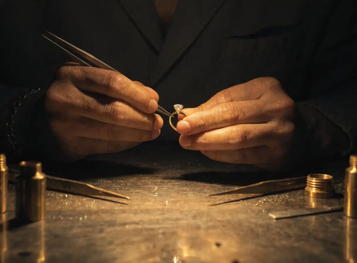 A jeweller setting a diamond by hand in the Gemora atelier